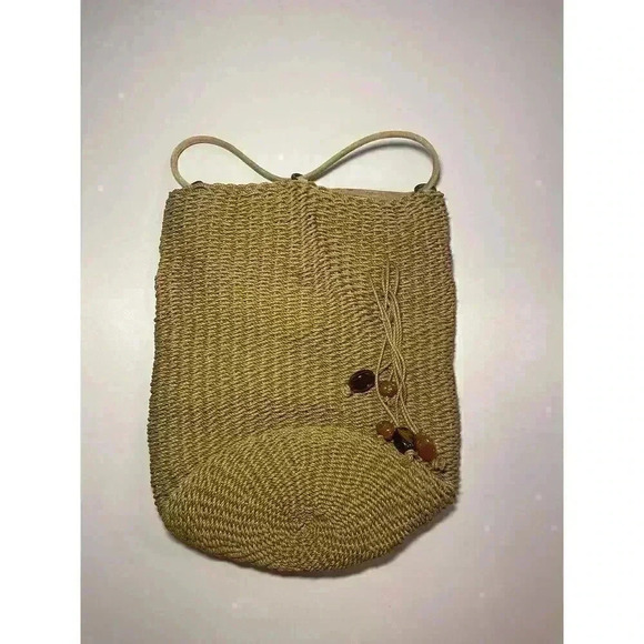 Oscar De La Renta Raffia Bucket Bag Wicker Suede Woven Purse Natural Beach Purse - Picture 7 of 16